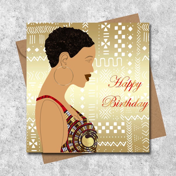 Short hairstyle black woman card, choice of skin shades, African fabrics dress & backgrounds, birthday, all occasion card