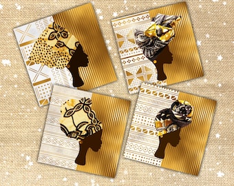 Beautiful headwrap women cards on gold and white bogolan background, choice of 4 designs, all occasion cards, NOT FABRIC, printed cards