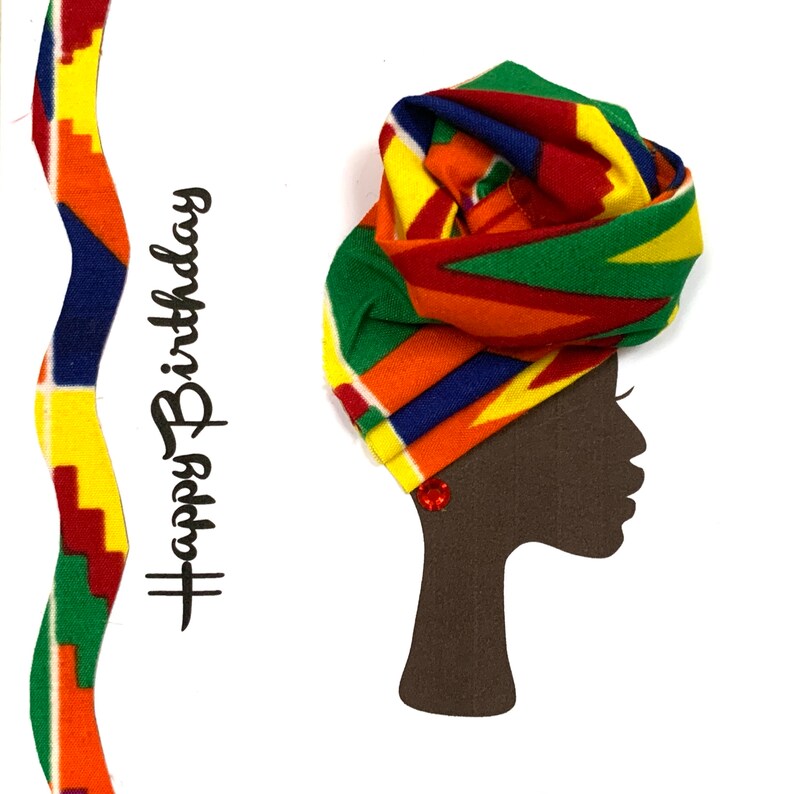 Multi coloured kente African headwrap card, woman in front knot head wrap birthday card, can be personalised image 3
