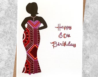 Black woman age birthday card, full or slim figure black woman personalised greeting card, pink silver dress, melanin queen