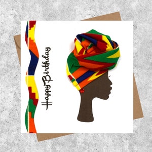Multi coloured kente African headwrap card, woman in front knot head wrap birthday card, can be personalised white