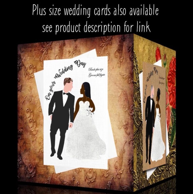 Cartes de mariage interracial, homme blanc et femme noire, couple mixte, choix de robe trapèze ou sablier en tissu, 15 couleurs de peau/cheveux au choix image 10