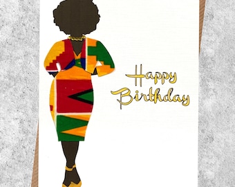 Black woman slim or full figure greeting cards, personalised card, Black woman in orange multi kente dress, choose hair and dress styles