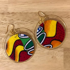 African hoop earrings, African fabric earrings, afrocentric earrings, African earrings, wooden earrings, boho earrings