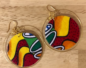 African hoop earrings, African fabric earrings, afrocentric earrings, African earrings, wooden earrings, boho earrings