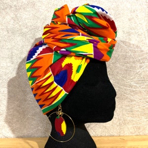 Multi coloured kente headwrap, satin lined head wrap option, matching hoop earrings, head scarf, African fabric head tie, poly cotton