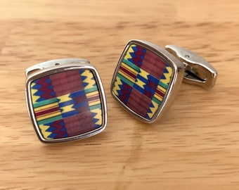 blue kente cufflinks, stainless steel cuff links, wedding cuff links, fathers day gift, gift for him, african print cufflinks