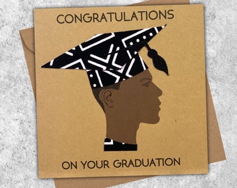 Black man graduation card, made with black and white African fabric, handmade greeting cards, Ankara print fabric card