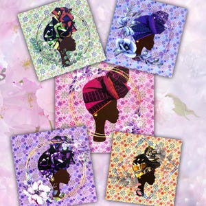 Headwrap flower cards, 5 colours, head wrap floral notelets, all occasion cards,  blank inside, NOT FABRIC, printed cards