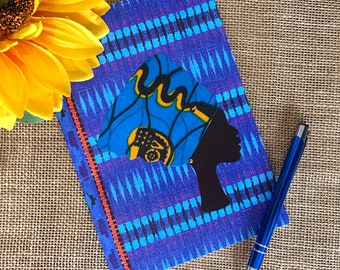 Blue Headwrap woman notebook, LINED pages, head wrap made with African fabric, handy handbag sized notepad