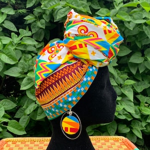 Multi kente headwrap in vibrant colours, satin lined option, matching earrings in two designs, head scarf, African fabric head wrap