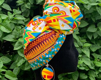 Multi kente headwrap in vibrant colours, satin lined option, matching earrings in two designs, head scarf, African fabric head wrap