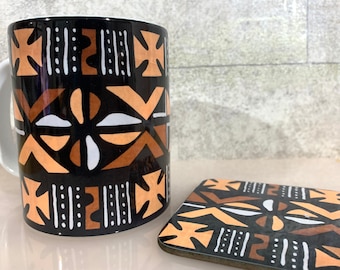 Bogolan Mug, mud cloth design drinkware, afrocentric mugs, mudcloth cup, African homeware, house warming, gift for him