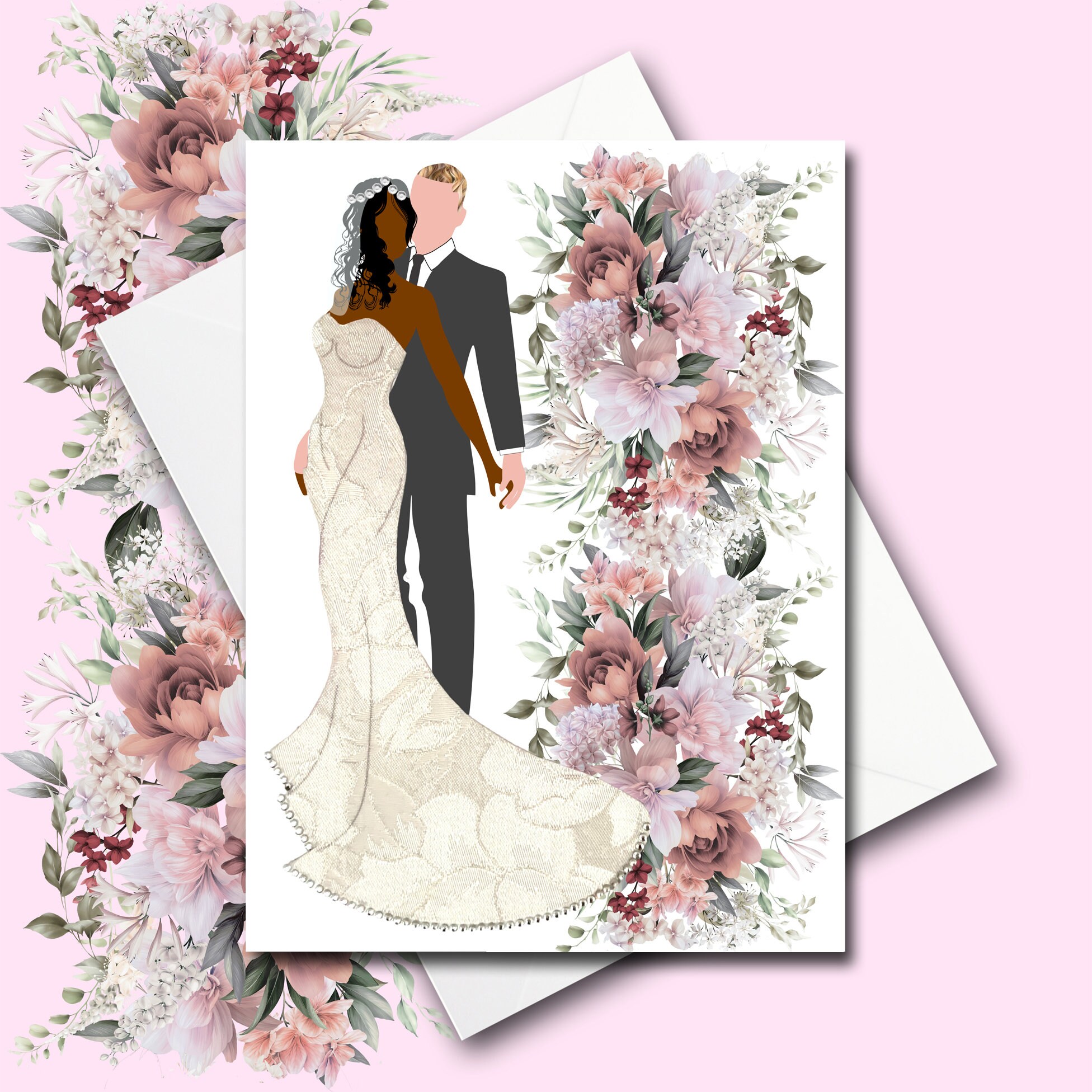 Interracial Couple Floral Wedding Card White Man Black Woman