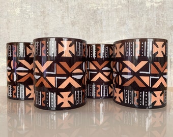 Set of four bogolan mugs, African print mug and coaster set, afrocentric mugs, mudcloth pattern, housewarming gift, birthday present