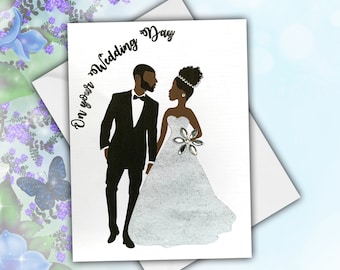 Black couple wedding cards, 9 skin shade combinations, choice of hourglass or a-line shape dress in  sparkly white fabric.