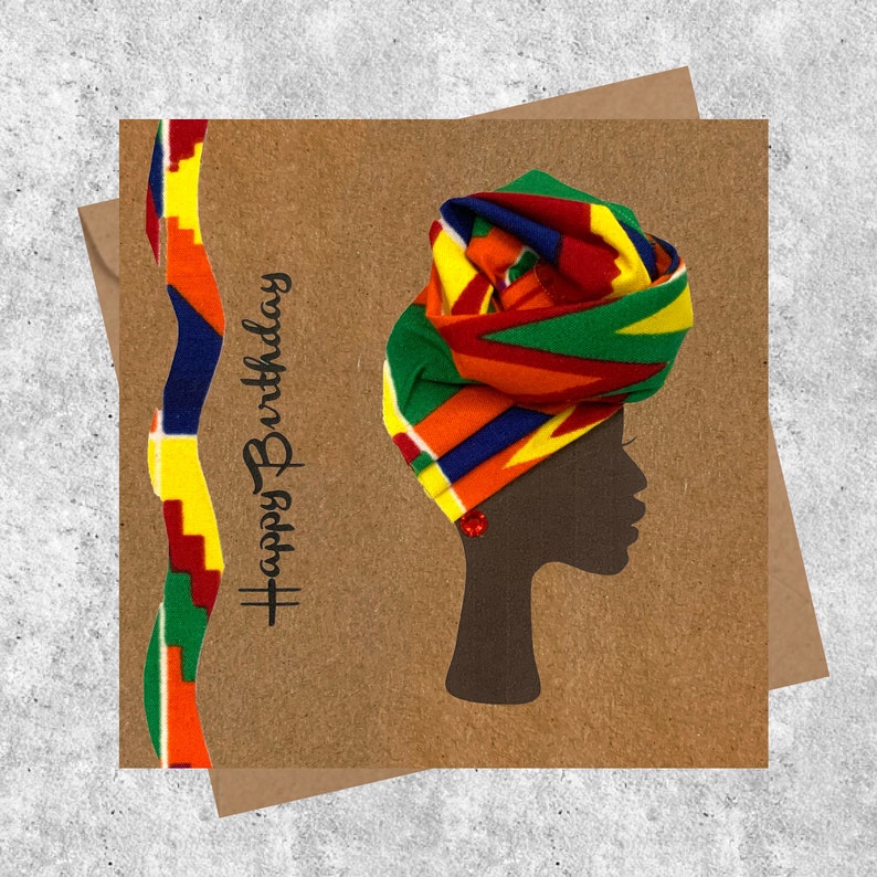 Multi coloured kente African headwrap card, woman in front knot head wrap birthday card, can be personalised brown