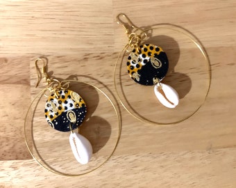 Cowrie shell hoop earrings, African fabric earrings, Cowrie shell earrings, African earrings, boho earrings, cowrie earrings