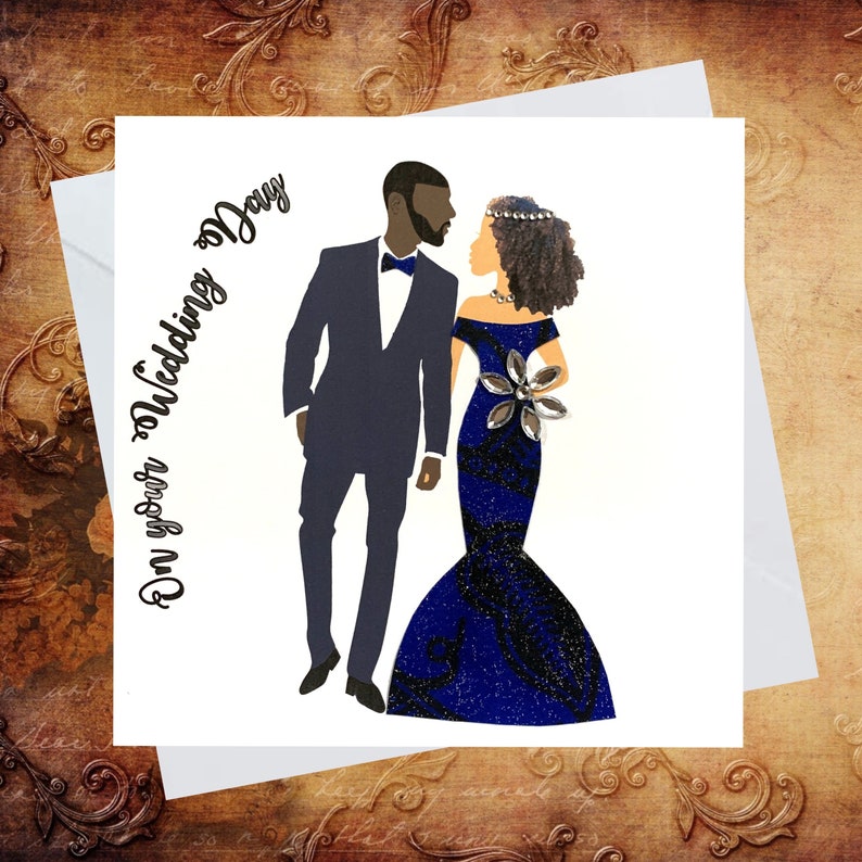 Customisable wedding cards for black and interracial couples, NOT WHITE wedding dress, 2 dress styles, 39 skin shade combos image 2