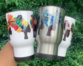 African Headwrap travel mug, 4 headwrap styles in one fabric, choice of 7 fabrics, silver or white, keeps drinks hot on the go