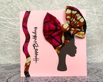 African headwrap card,  Black woman in headwrap bow card, pink birthday card, African print greeting cards, ankara headwrap card