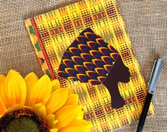 Yellow Headwrap woman notebook, head wrap made with African fabric, lined or blank pages, handy handbag size