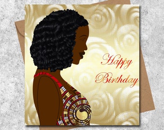 Curly hairstyle black woman card, choice of 2 skin shades and 4 African fabric dresses, birthday, any occasion card, can be personalised