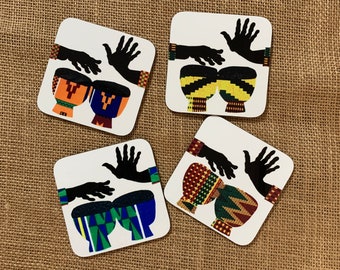Pack of 4 african drum coasters, originally cut from African fabric, 2 designs, drummer coasters, drinks mat, birthday gift for him or her