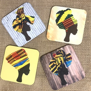 Pack of 4 yellow headwrap coasters, assorted fabrics, 4 African coasters, set of coasters, matching coasters, gift for her, ankara headwraps Assorted