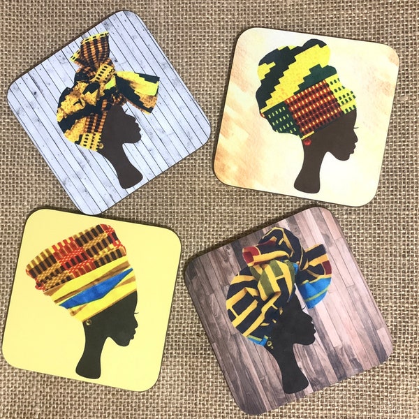 Pack of 4 yellow headwrap coasters, assorted fabrics, 4 African coasters, set of coasters, matching coasters, gift for her, ankara headwraps