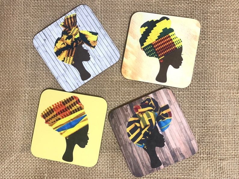 Pack of 4 yellow headwrap coasters, assorted fabrics, 4 African coasters, set of coasters, matching coasters, gift for her, ankara headwraps Assorted