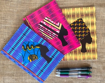 Notebook gift set, 3 vibrant pink blue and yellow soft cover notebooks, headwrap made with African fabric, fits in purse or handbag