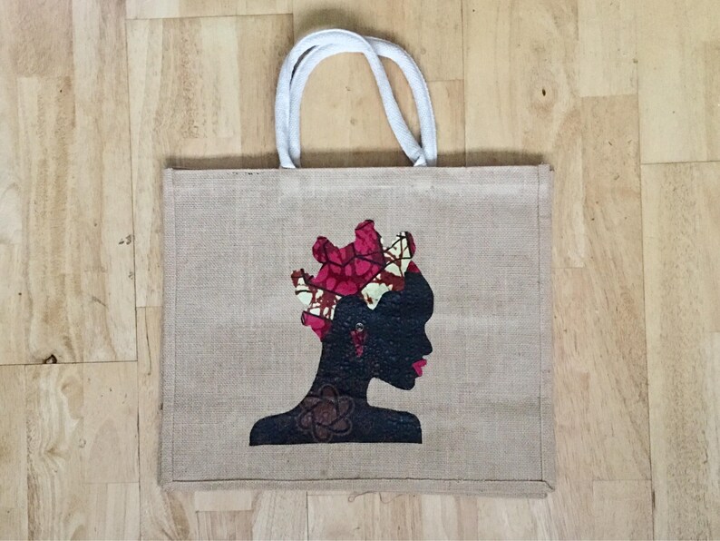 Jute shopping bag hessian shopper jute carrier bag handy shopper African bantu knots shopping bag African print tote bag