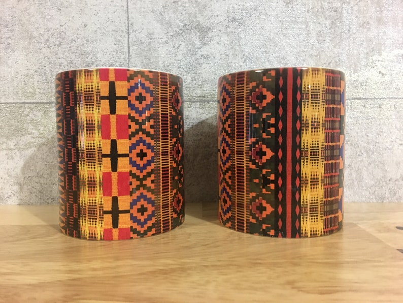 Kente Mug, African print mug, ethnic drink ware, afrocentric mugs, striped or boxed design, African homeware, house warming gift image 3