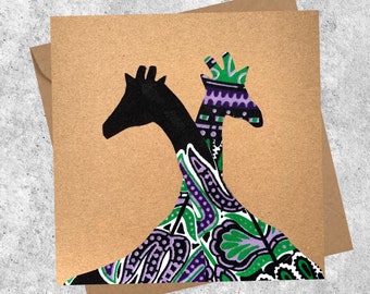 Giraffe card, 2 giraffes in purple, black, green dashiki print fabric, giraffe friendship card, anniversary, birthday card
