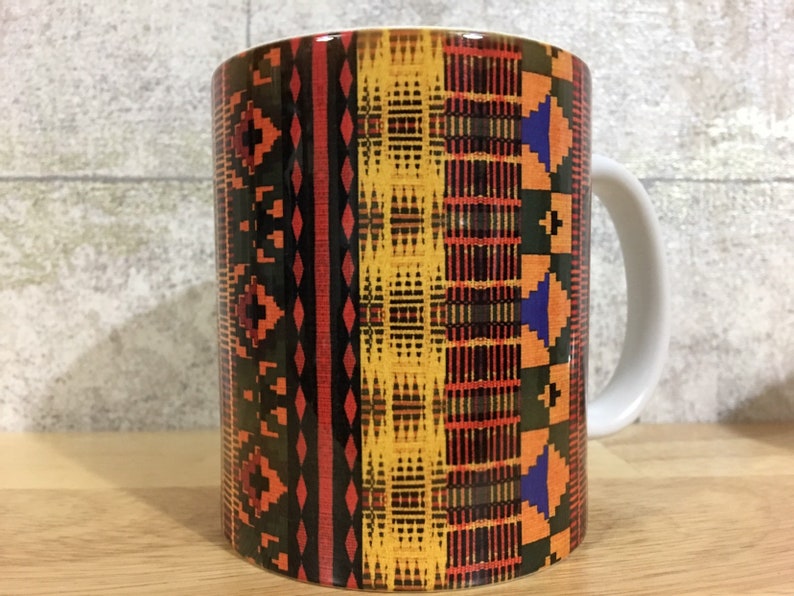 Kente Mug, African print mug, ethnic drink ware, afrocentric mugs, striped or boxed design, African homeware, house warming gift image 6