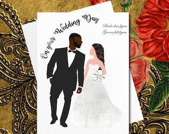 May include: A wedding card with an illustration of a bride and groom. The groom is in a black tuxedo and the bride is in a white wedding dress. The card has the text "On your Wedding Day".