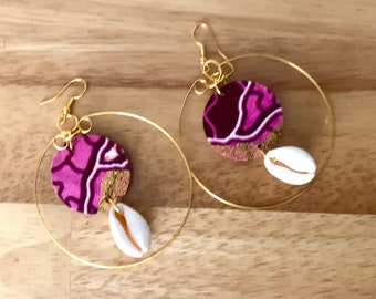 Cowrie shell hoop earrings, African fabric earrings, Cowrie shell earrings, African earrings, boho earrings, cowrie earrings