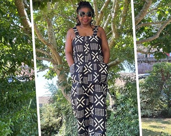 Combinaison ample taille unique, choix de tissus africains assortis, bretelles réglables pour s'adapter à différentes tailles, tenues estivales pour les vacances