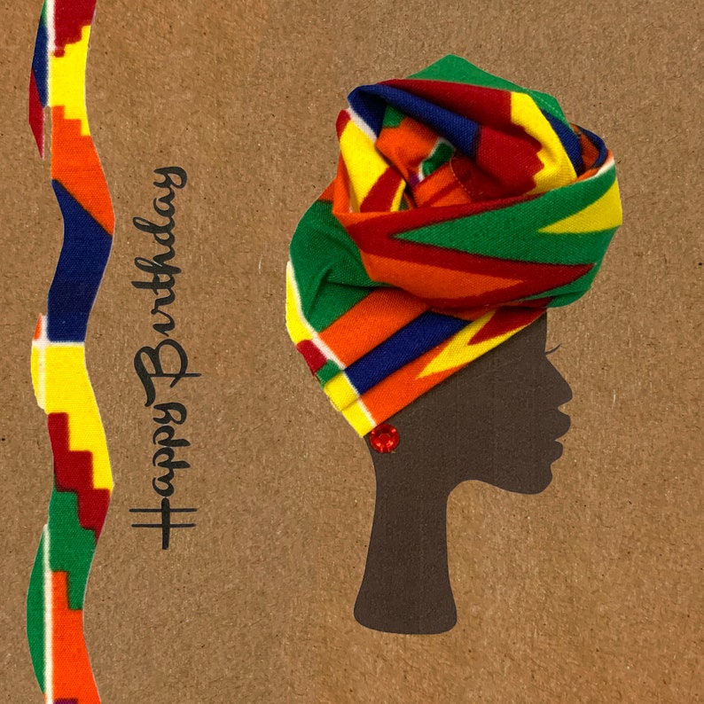 Multi coloured kente African headwrap card, woman in front knot head wrap birthday card, can be personalised image 4
