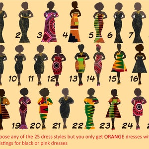 Black woman personalised birthday card, milestone ages, full or slim figure, choice of 25 orange multi kente dress and 7 hairstyles, image 2