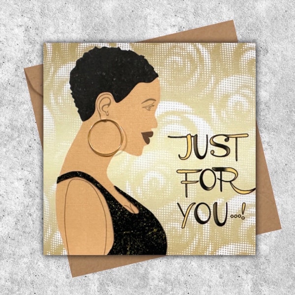 Short hairstyle black woman card, choice of skin shades, African fabrics dress & backgrounds, birthday, all occasion card
