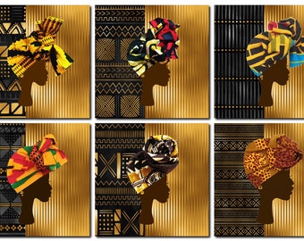 Pack of four or six assorted headwrap cards with  gold black mud cloth bogolan background, blank cards, notelets, NOT FABRIC, printed cards