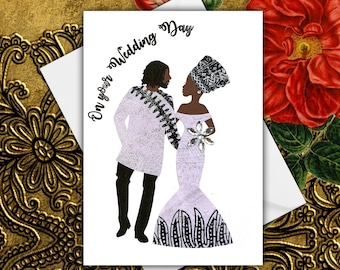Puede incluir: Una tarjeta blanca con una ilustración en blanco y negro de una pareja con atuendo tradicional de boda africana. El texto "On your Wedding Day" está escrito en cursiva negra.