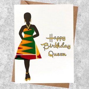 Black woman personalised birthday card, milestone ages, full or slim figure, choice of 25 orange multi kente dress and 7 hairstyles, image 8