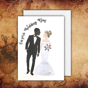 Interracial wedding cards, black man white woman, mixed couple, choice of dress style, skin shade/hair colour choice
