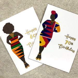 Black woman personalised birthday card, milestone ages, full or slim figure, choice of 25 orange multi kente dress and 7 hairstyles, image 1