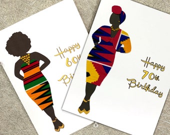 Black woman personalised birthday card, milestone ages, full or slim figure, choice of 25 orange multi kente dress and 7 hairstyles,