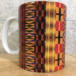 Kente Mug, African print mug, ethnic drink ware, afrocentric mugs, striped or boxed design, African homeware, house warming gift image 1