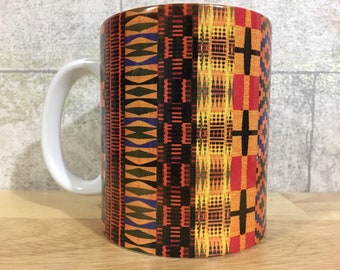 Mug Kente, mug imprimé africain, articles pour boissons ethniques, tasses afrocentriques, design rayé ou en boîte, articles de maison africains, cadeau de pendaison de crémaillère